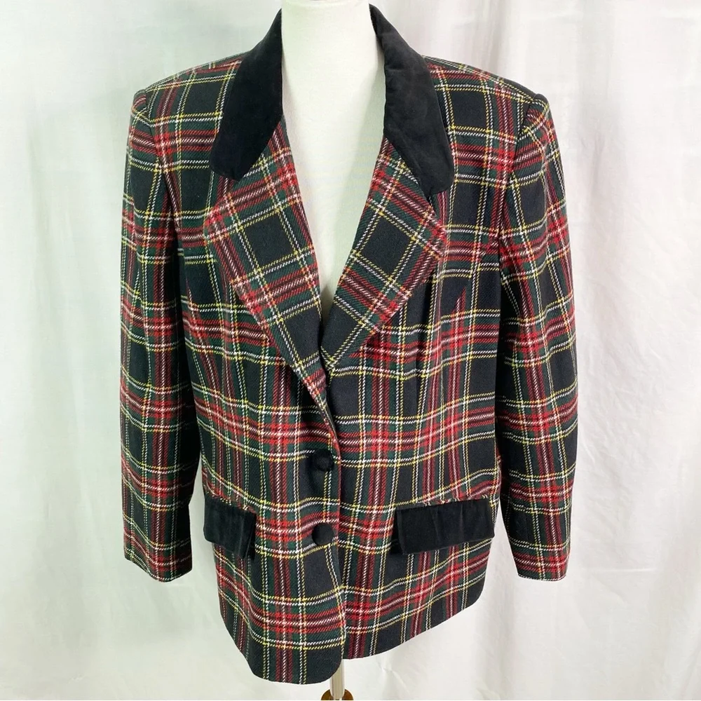 Vintage 90s Maggie McNaughton Black Plaid Blazer Jacket XL - Picture 1 of 5